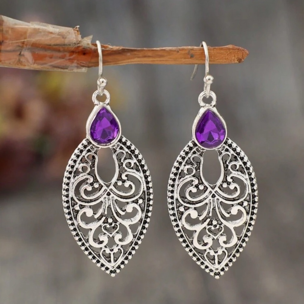 Silver Purple Crystal Boho Drop Earrings